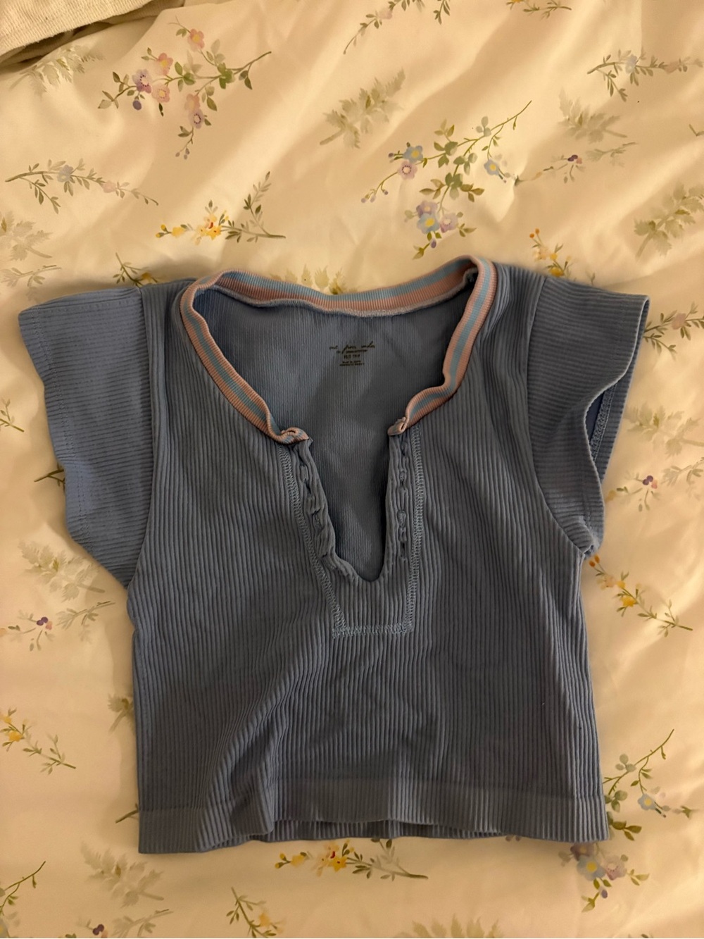 Urban Outfitters: Blue Ribbed Short Sleeve V-Neck Top